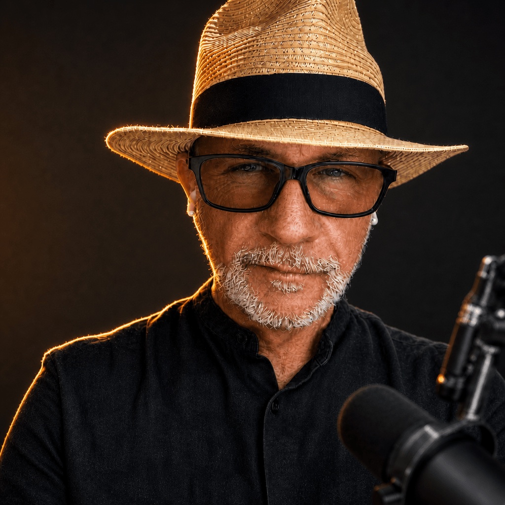 Jamie Sylvian, founder of Executive Nomad, in a straw hat and glasses beside a studio microphone